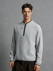 Waffle-knit half-zip stand-up collar long-sleeved top