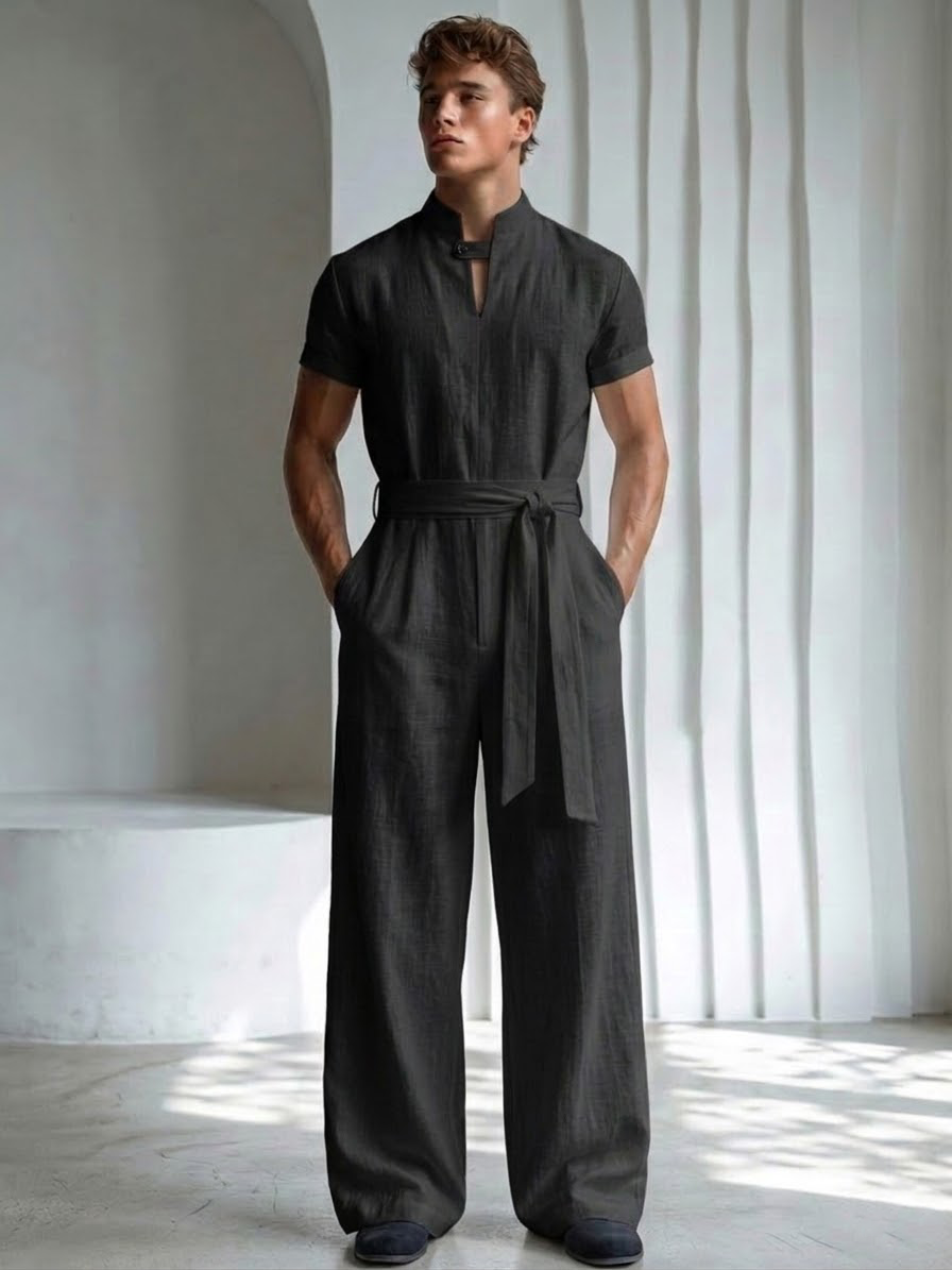 Linen stand-up collar single-button jumpsuit