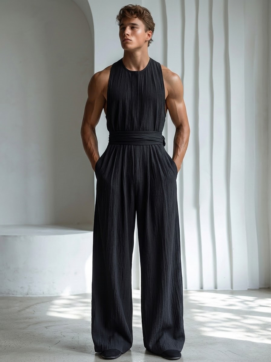 Linen sleeveless round neck jumpsuit