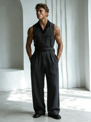 Linen patchwork V-neck jumpsuit