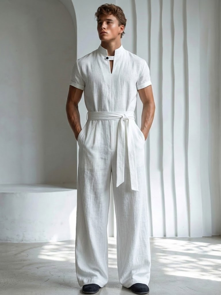 Linen stand-up collar single-button jumpsuit