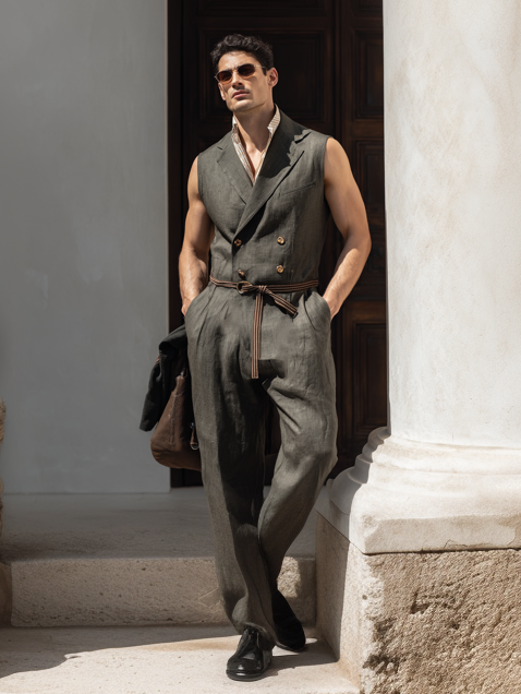 Deep Olive Sleeveless Lapel Jumpsuit (Belt Not Included)