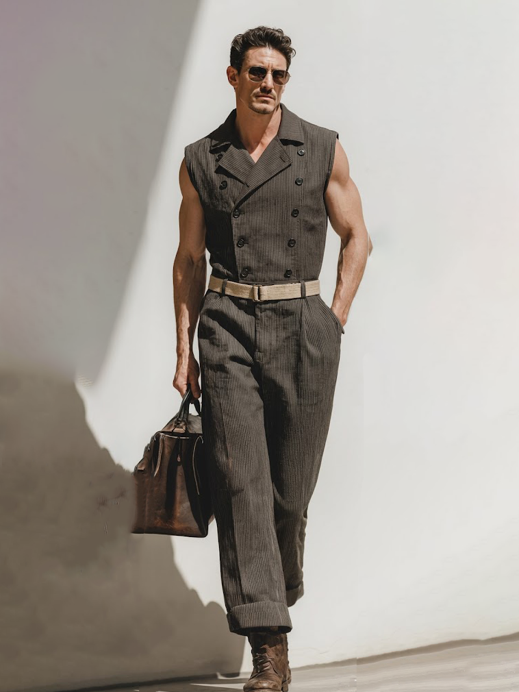 Olive Green Pinstripe Double-Breasted Jumpsuit (Belt Not Included)