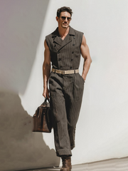 Olive Green Pinstripe Double-Breasted Jumpsuit (Belt Not Included)