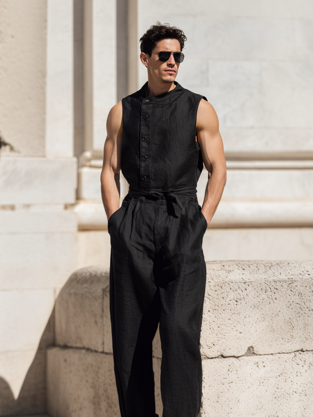 Asymmetrical-Collar Linen Jumpsuit