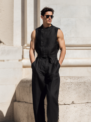 Asymmetrical-Collar Linen Jumpsuit