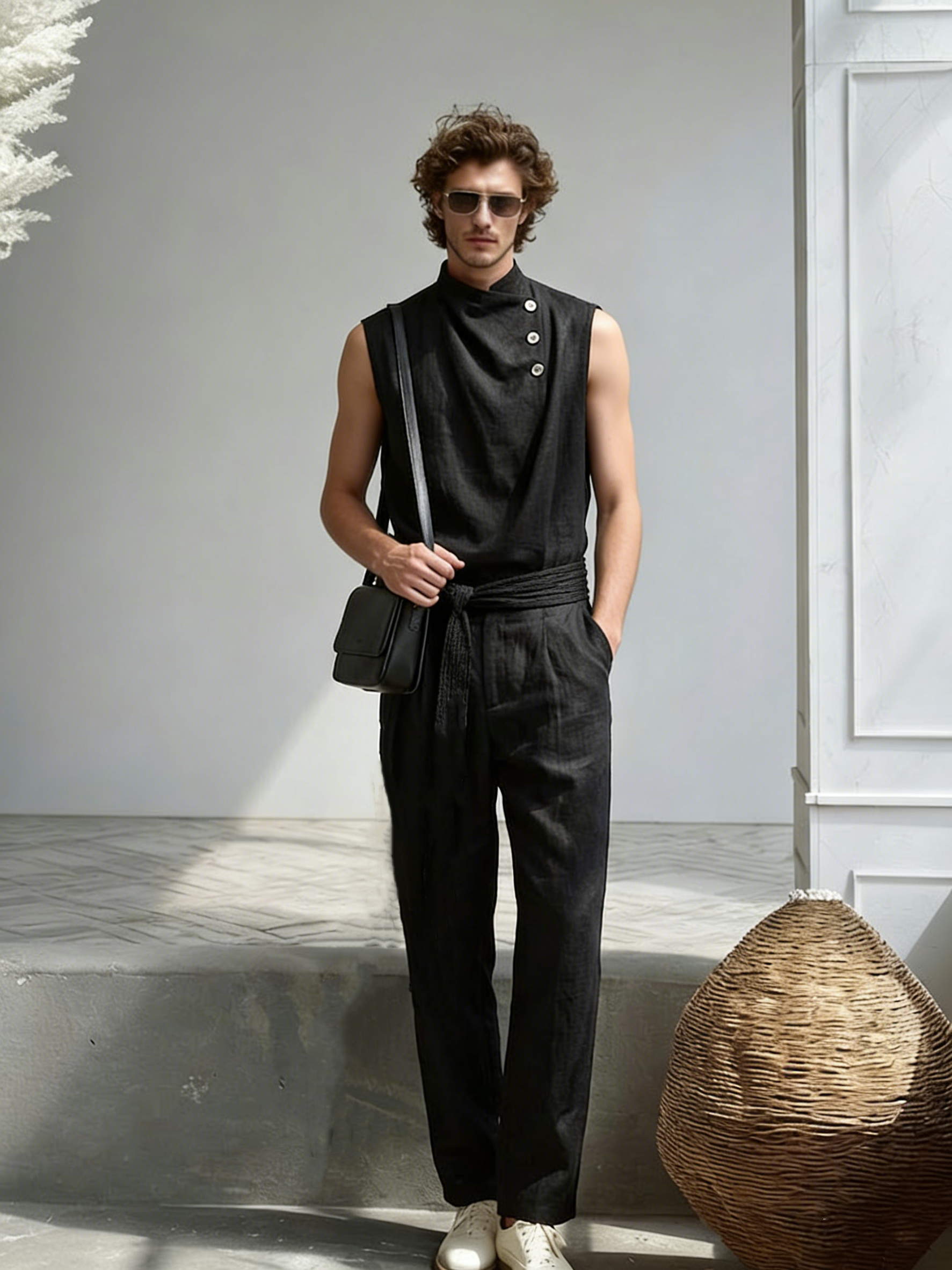 Men's Side-Buckle Stand-Collar Sleeveless Jumpsuit