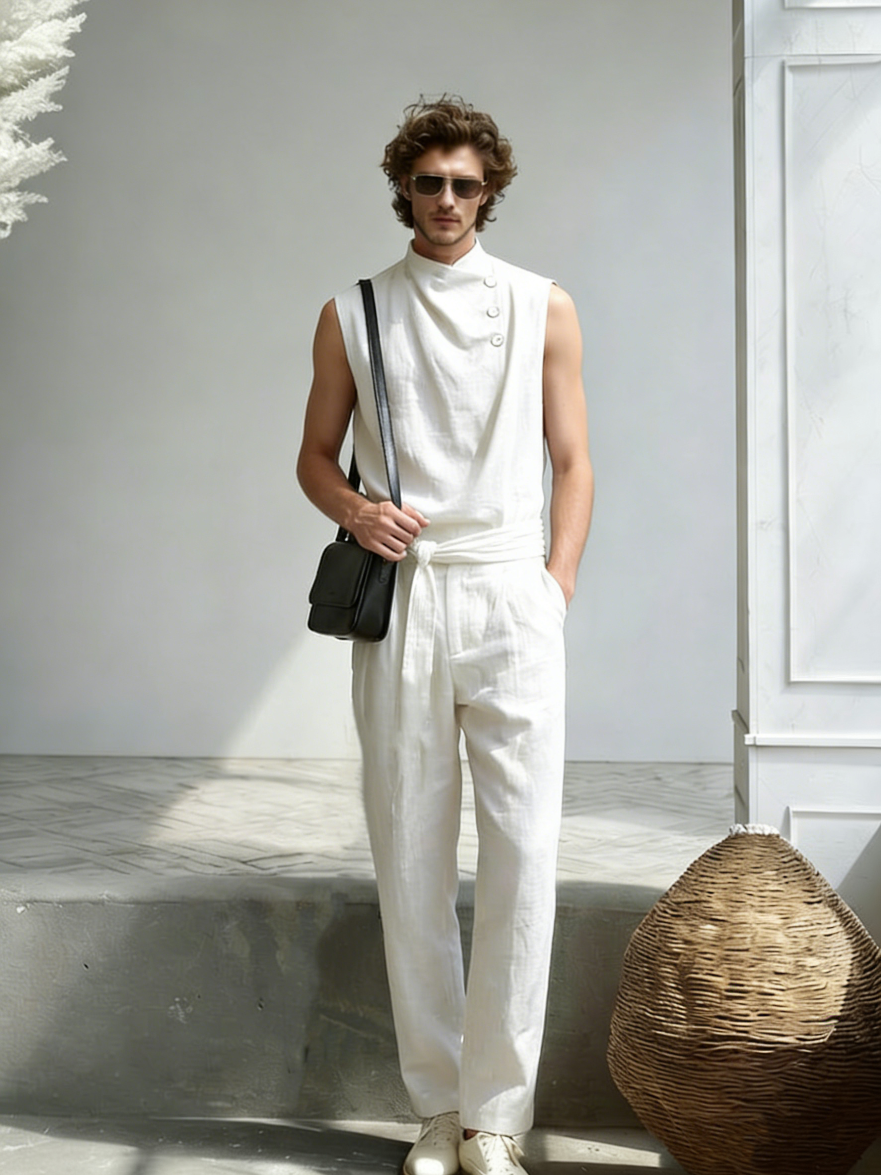 Men's Side-Buckle Stand-Collar Sleeveless Jumpsuit