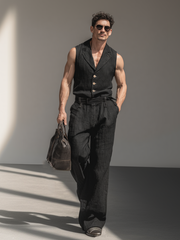Black Linen Sleeveless Jumpsuit with Lapels