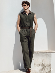 Color-block Collared Belted Linen Jumpsuit