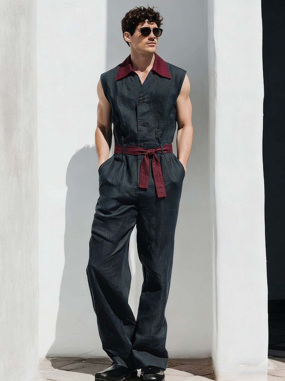 Color-block Collared Belted Linen Jumpsuit