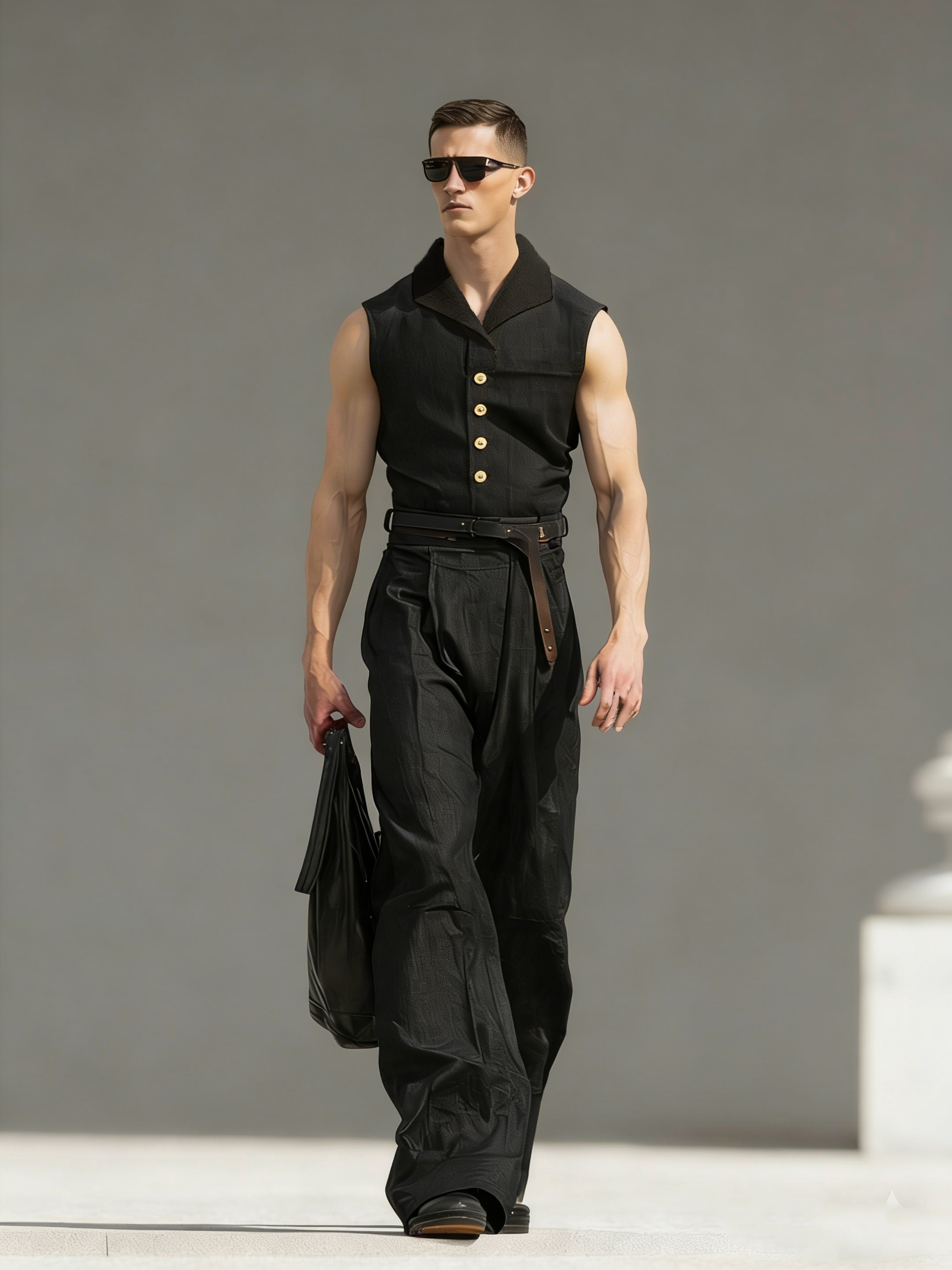 Men's Linen Jumpsuit with Seagull Collar (Belt Not Included)