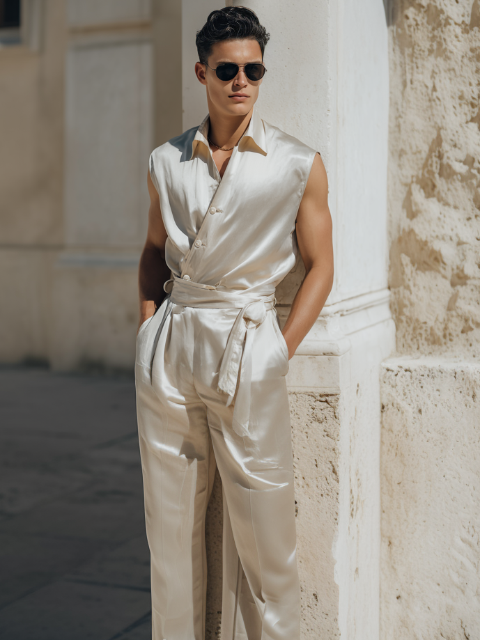 Men's Silk Asymmetrical-Button Jumpsuit