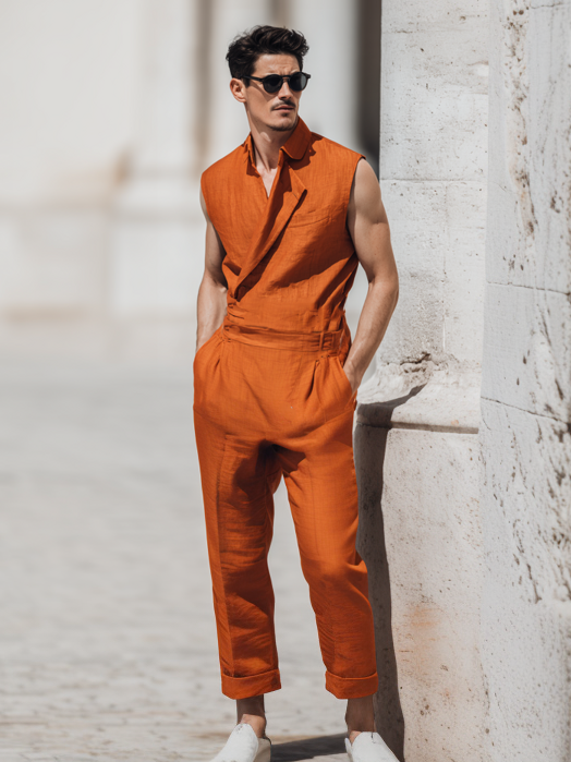 Men's Asymmetrical Lapel Linen Jumpsuit