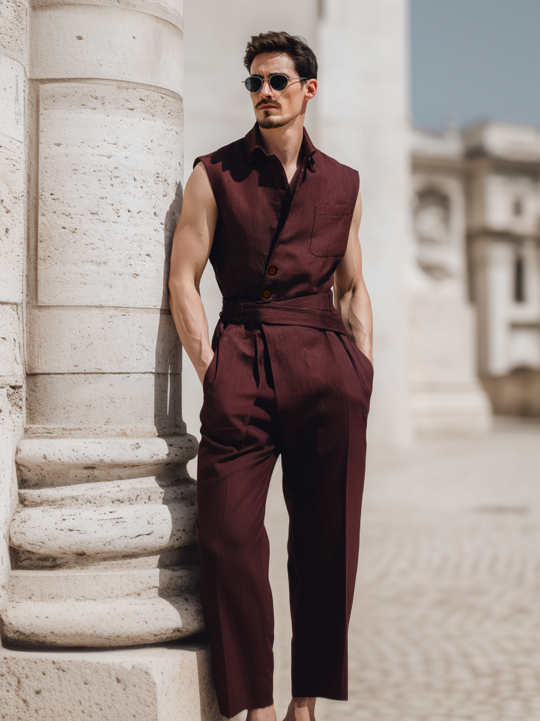 Men's Collared Linen Jumpsuit