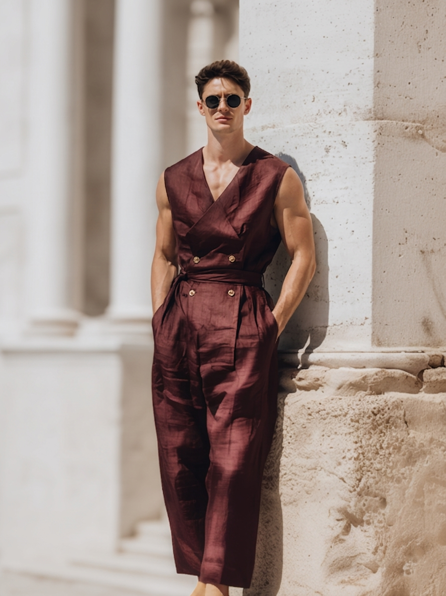 Men's Double-Breasted Silk Jumpsuit