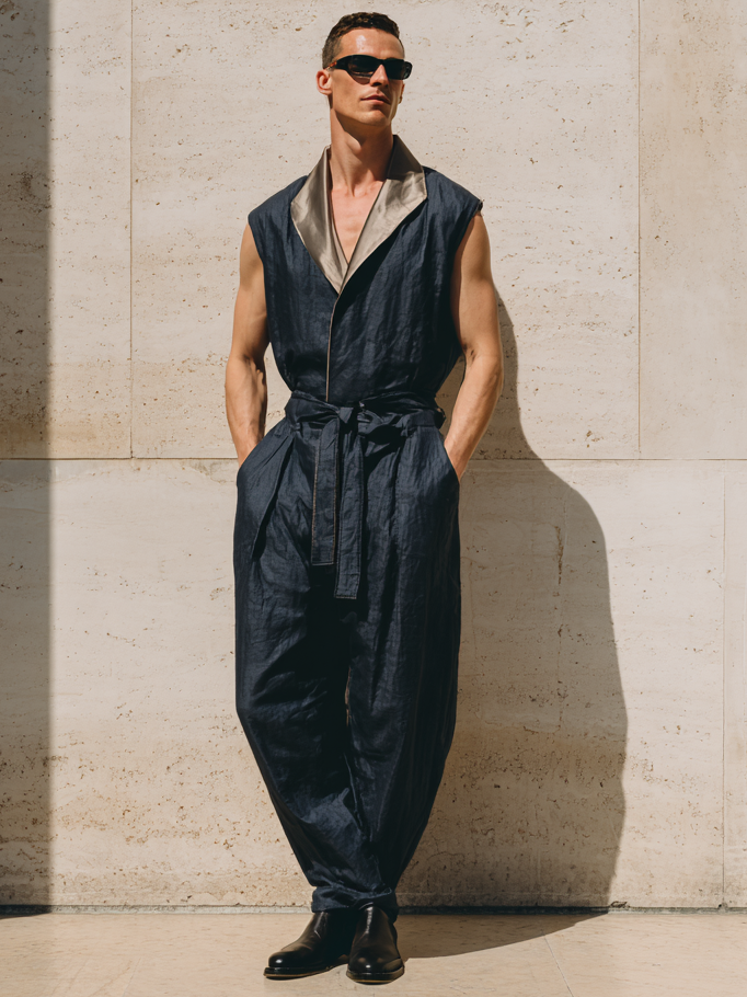 Men's Color-Block Silk Jumpsuit