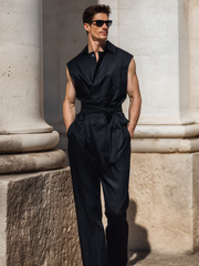 Men's Collared Sleeveless Silk Jumpsuit