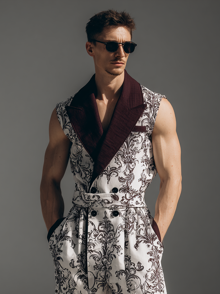 Men's Color-Block Cotton-Linen Printed Sleeveless Jumpsuit
