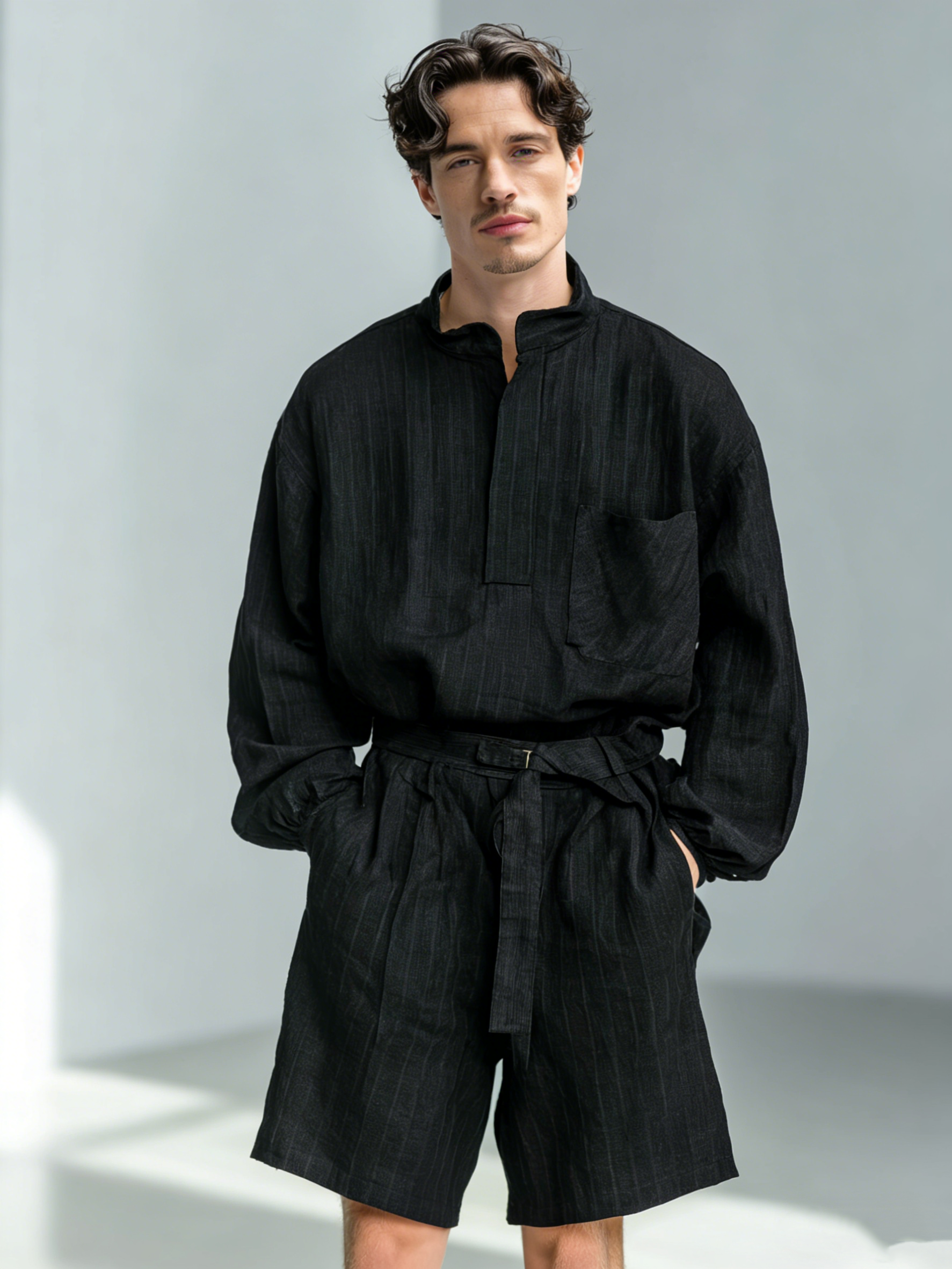 Cotton-Linen Striped Print Long-Sleeve Romper