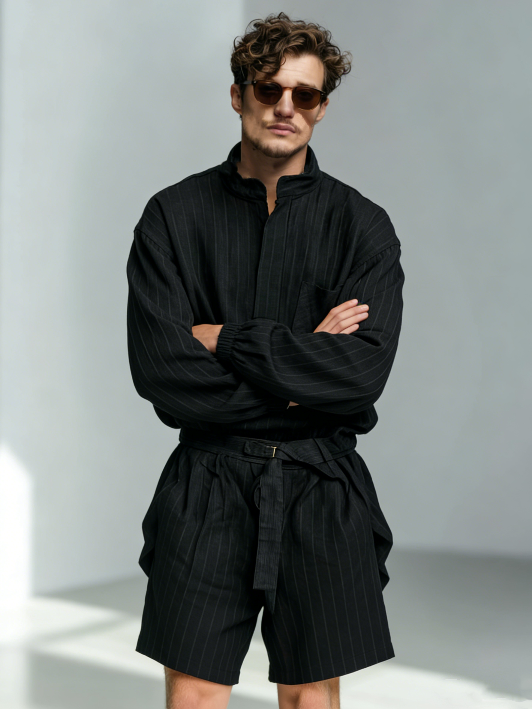 Cotton-Linen Striped Print Long-Sleeve Romper