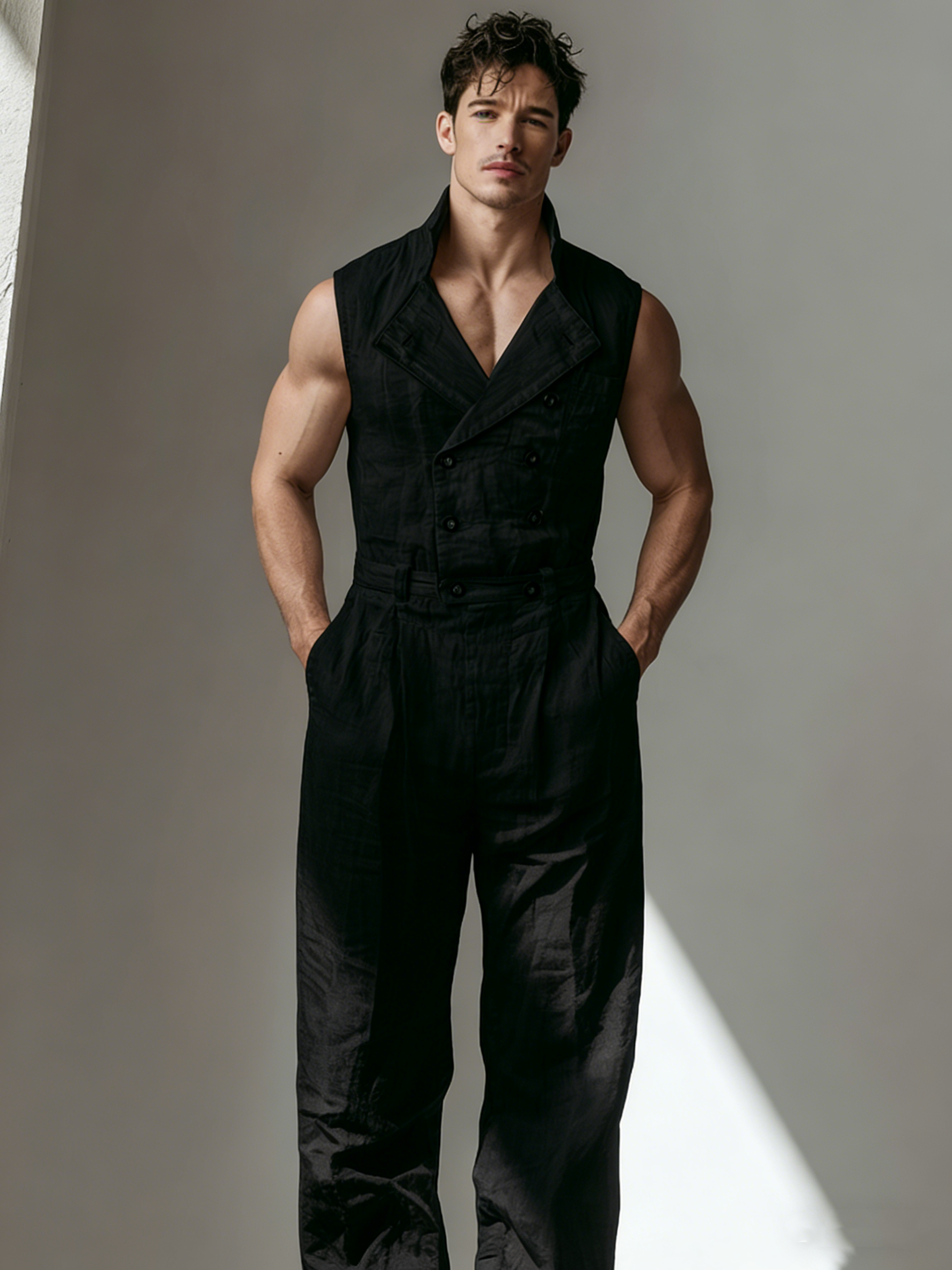 Sleeveless, Semi-Stand Collar, Double-Breasted Linen Jumpsuit