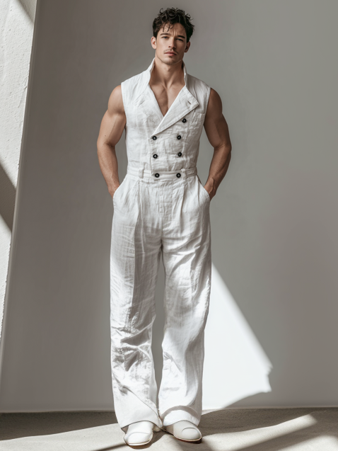 Sleeveless, Semi-Stand Collar, Double-Breasted Linen Jumpsuit