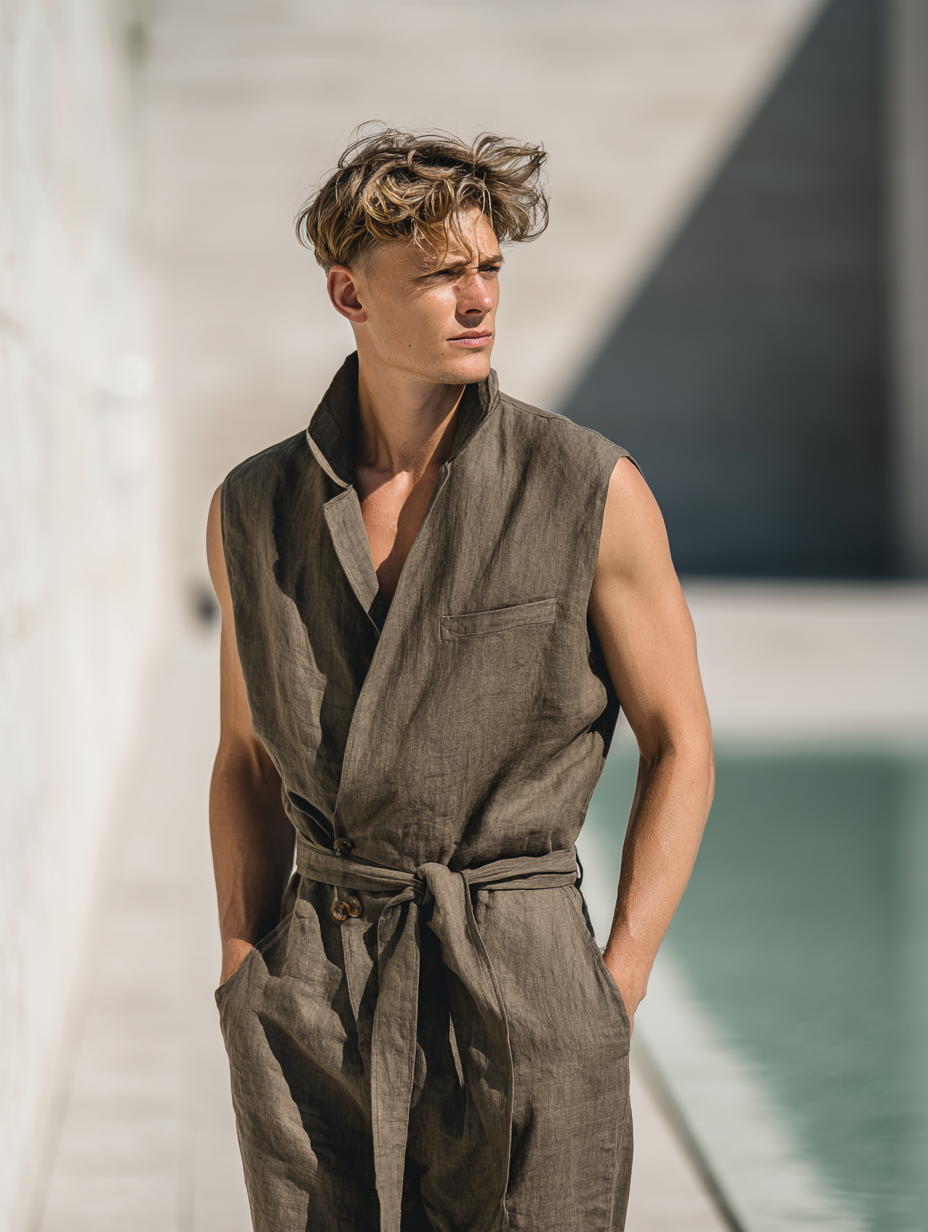 Men's Cotton-Linen Sleeveless Jumpsuit with Stand Collar