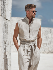 Men's Cotton-Linen Sleeveless Jumpsuit with Stand Collar