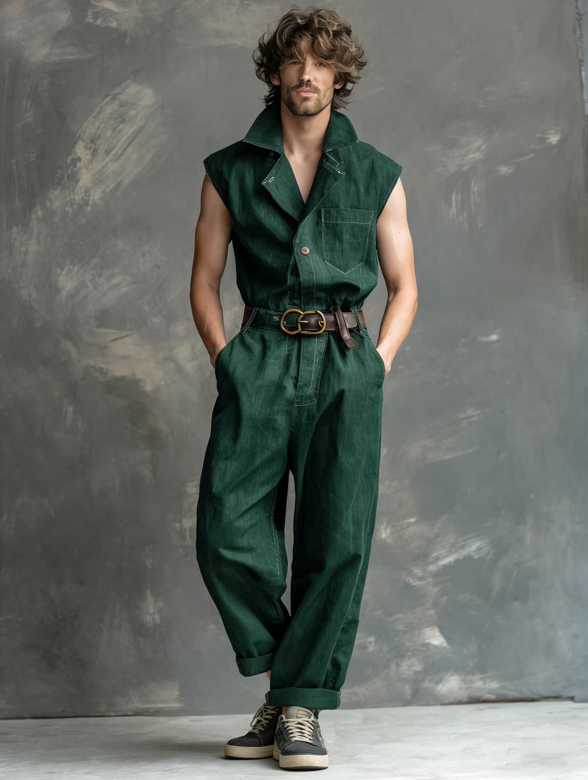 Men's Stylish Green Workwear Jumpsuit(Belt not included)