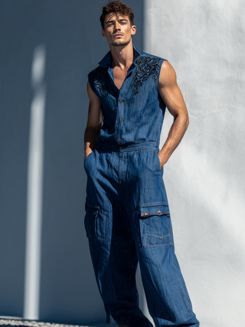 Men's Printed Sleeveless Denim Work Jumpsuit