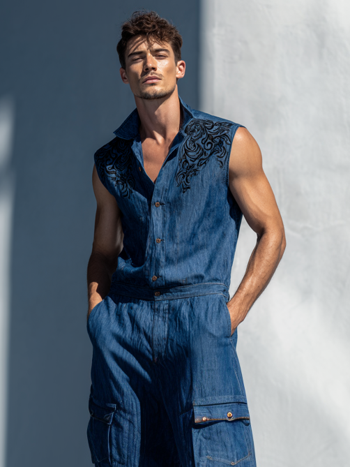 Men's Printed Sleeveless Denim Work Jumpsuit