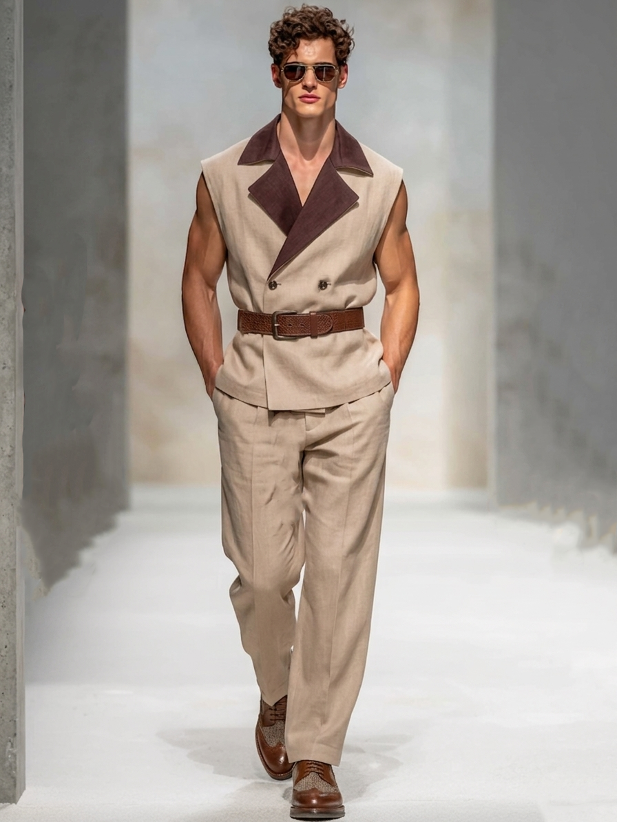 Men's Color-Block Sleeveless Set (Belt Not Included)