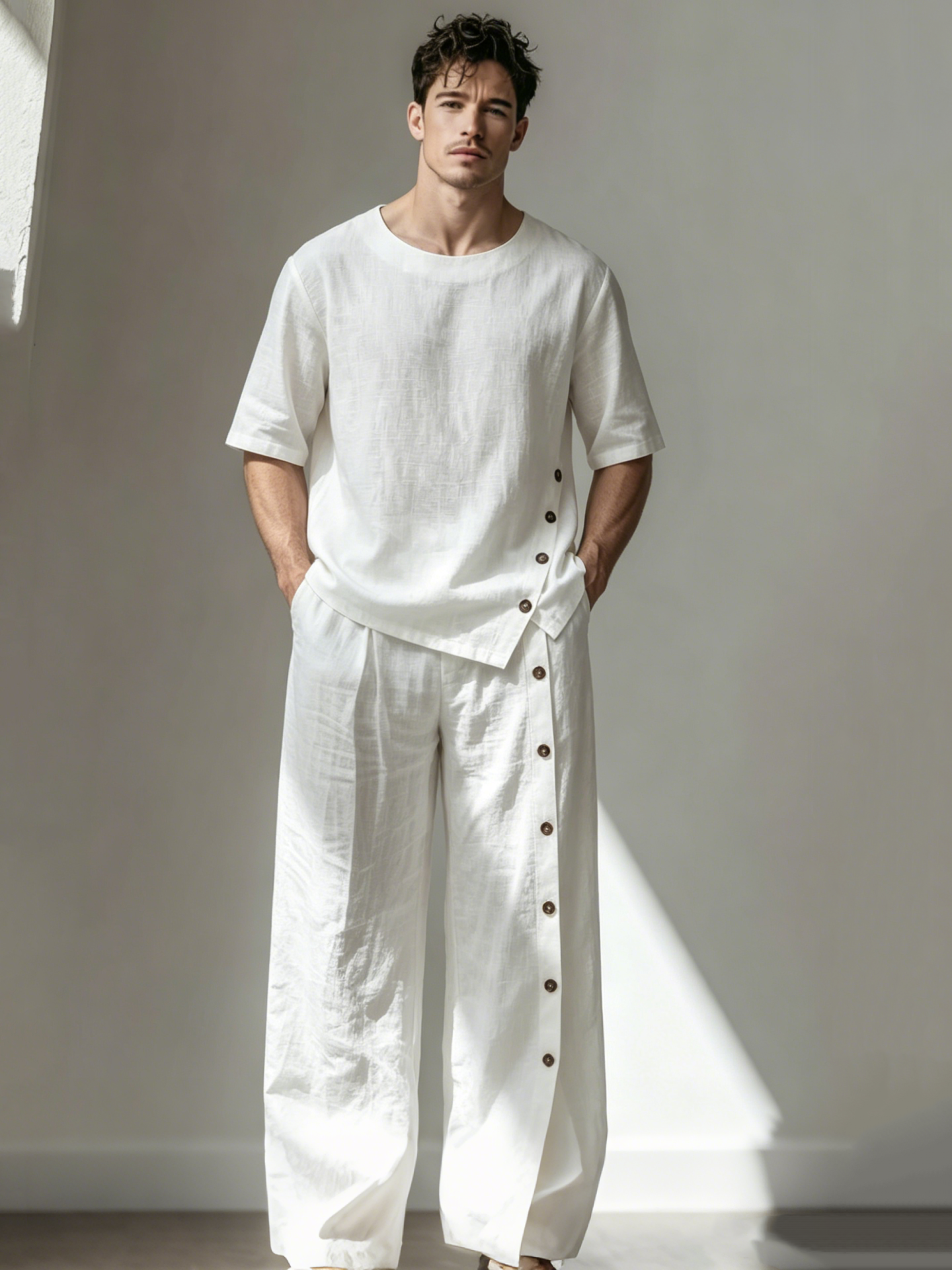 Men's Linen Short-Sleeve Casual Button-Up Set