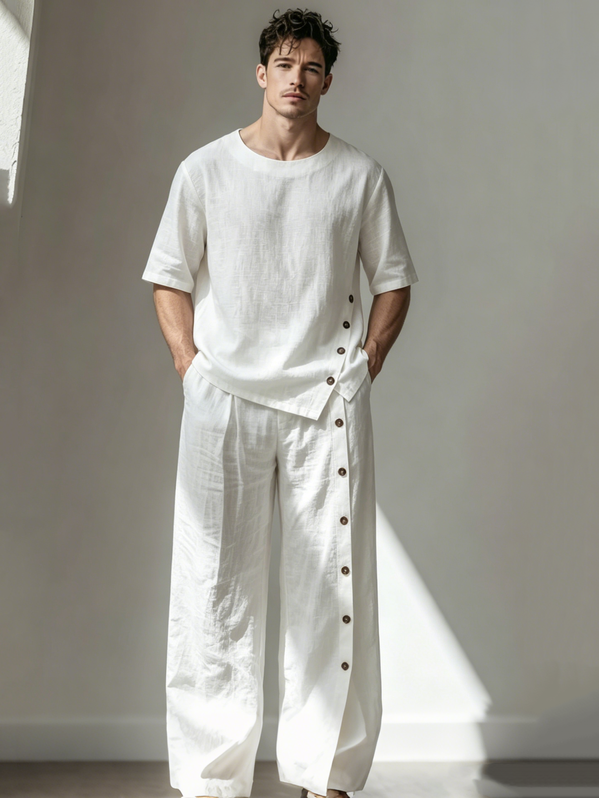 Men's Linen Short-Sleeve Casual Button-Up Set