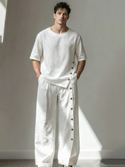 Men's Linen Short-Sleeve Casual Button-Up Set