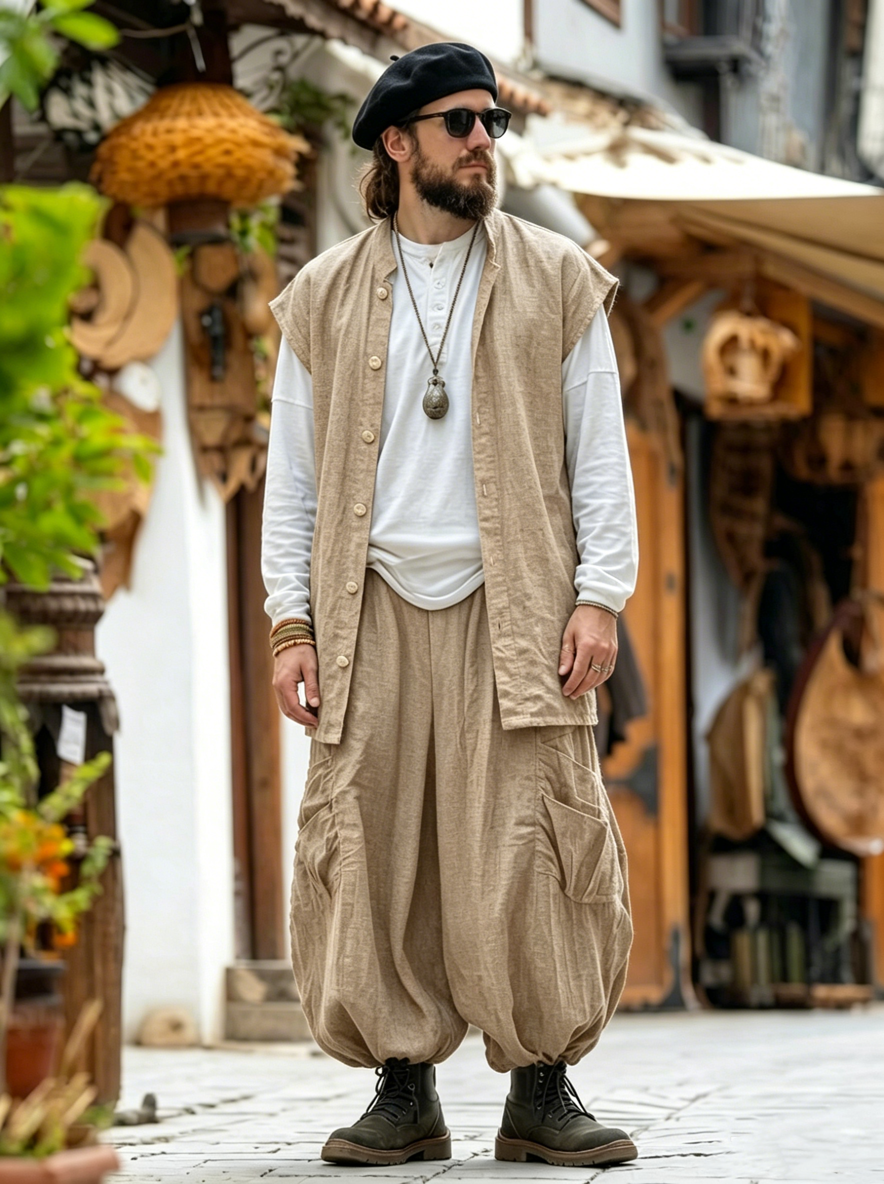 Men's Black Sleeveless Robe and Cargo Pants Set