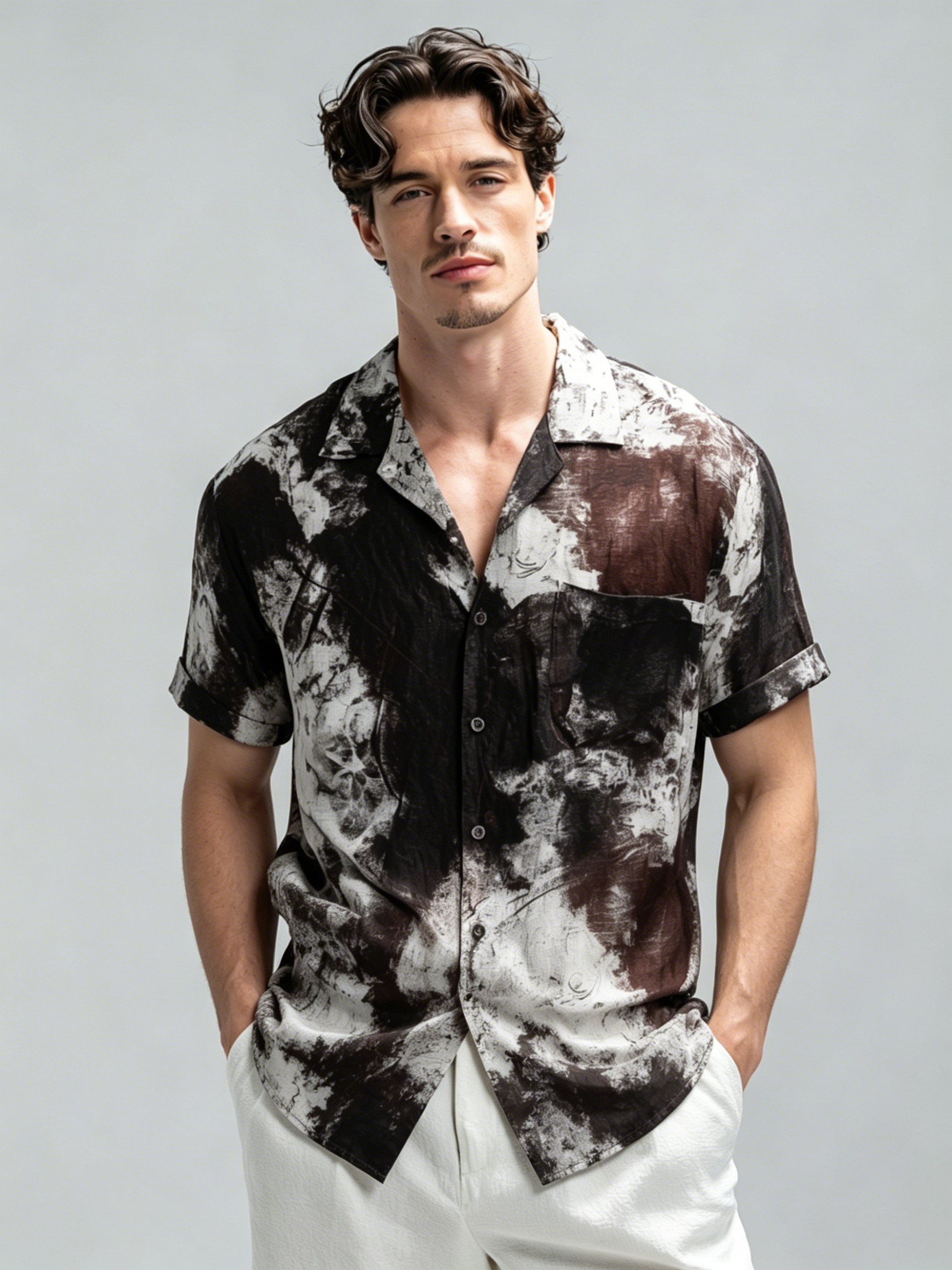 Men's casual linen tie-dyed printed shirt