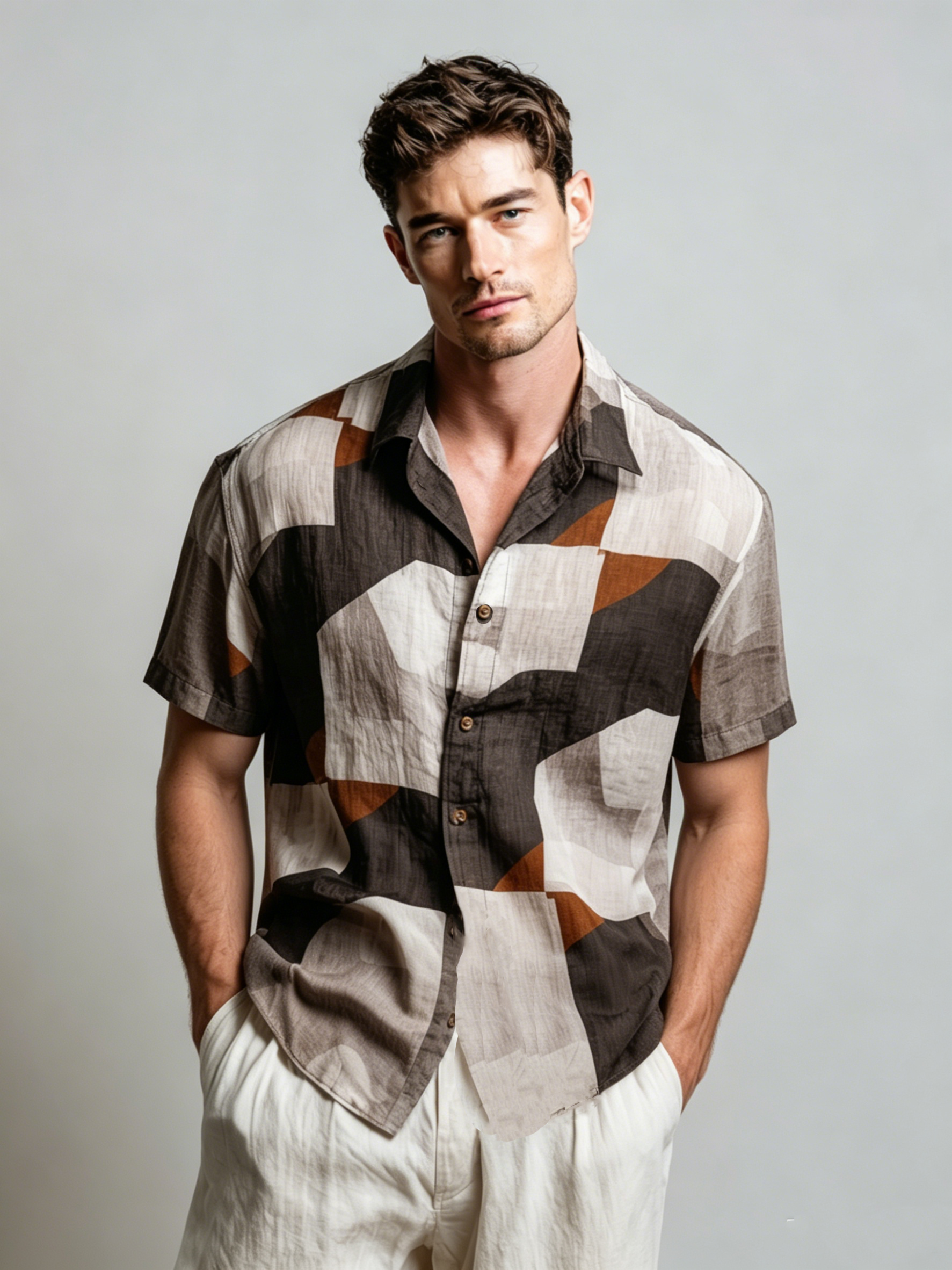 Chemise décontractée sans manches en lin à imprimé géométrique pour homme