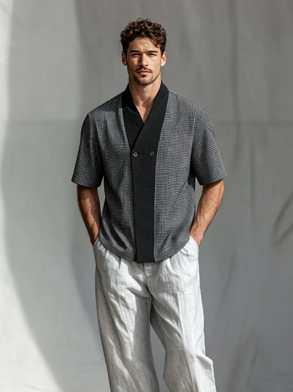 Men's Fashion Color-Block Short-Sleeve Shirt