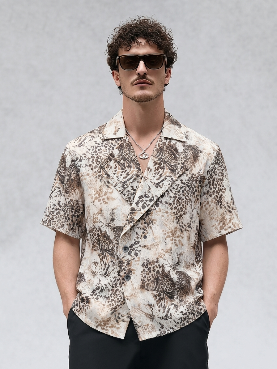 Retro-print collared casual T-shirt