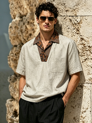 Retro-print collared casual T-shirt