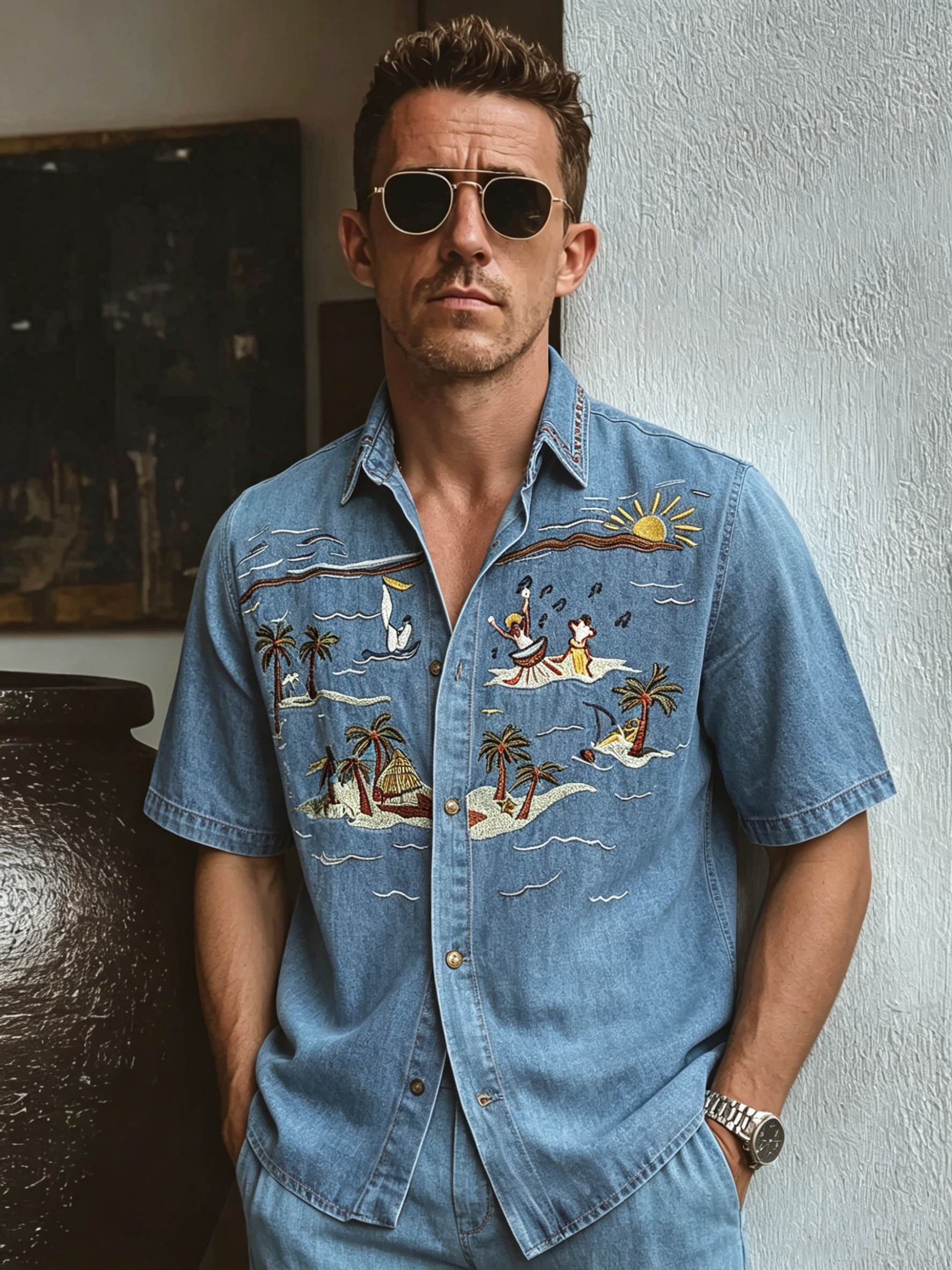 Men's Embroidered Denim Beach Shirt