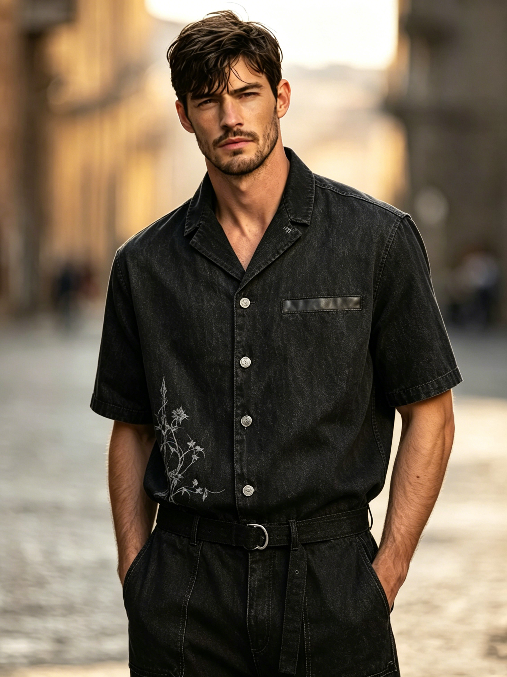 Men's Burnout-Detail Patchwork Denim Shirt