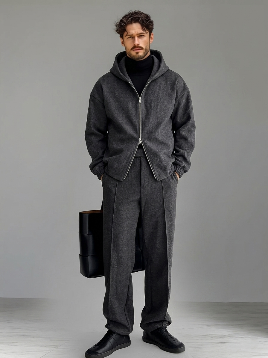 Men's Casual Hooded Sweatshirt and Wide-Leg Pants Set