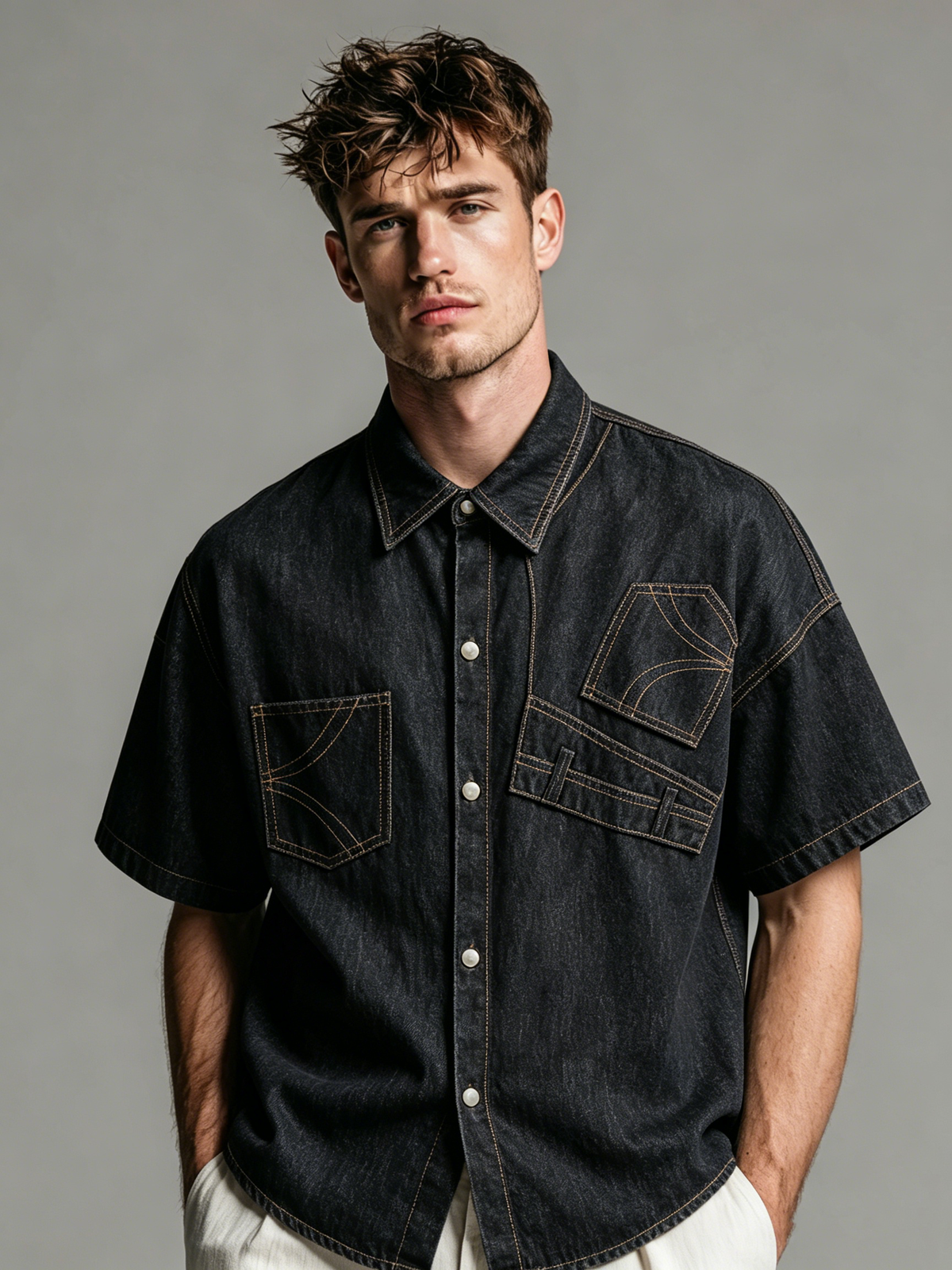 Men's Casual Deconstructed Denim Shirt