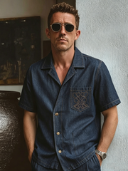 Men's Casual Embroidered Pocket Denim Shirt