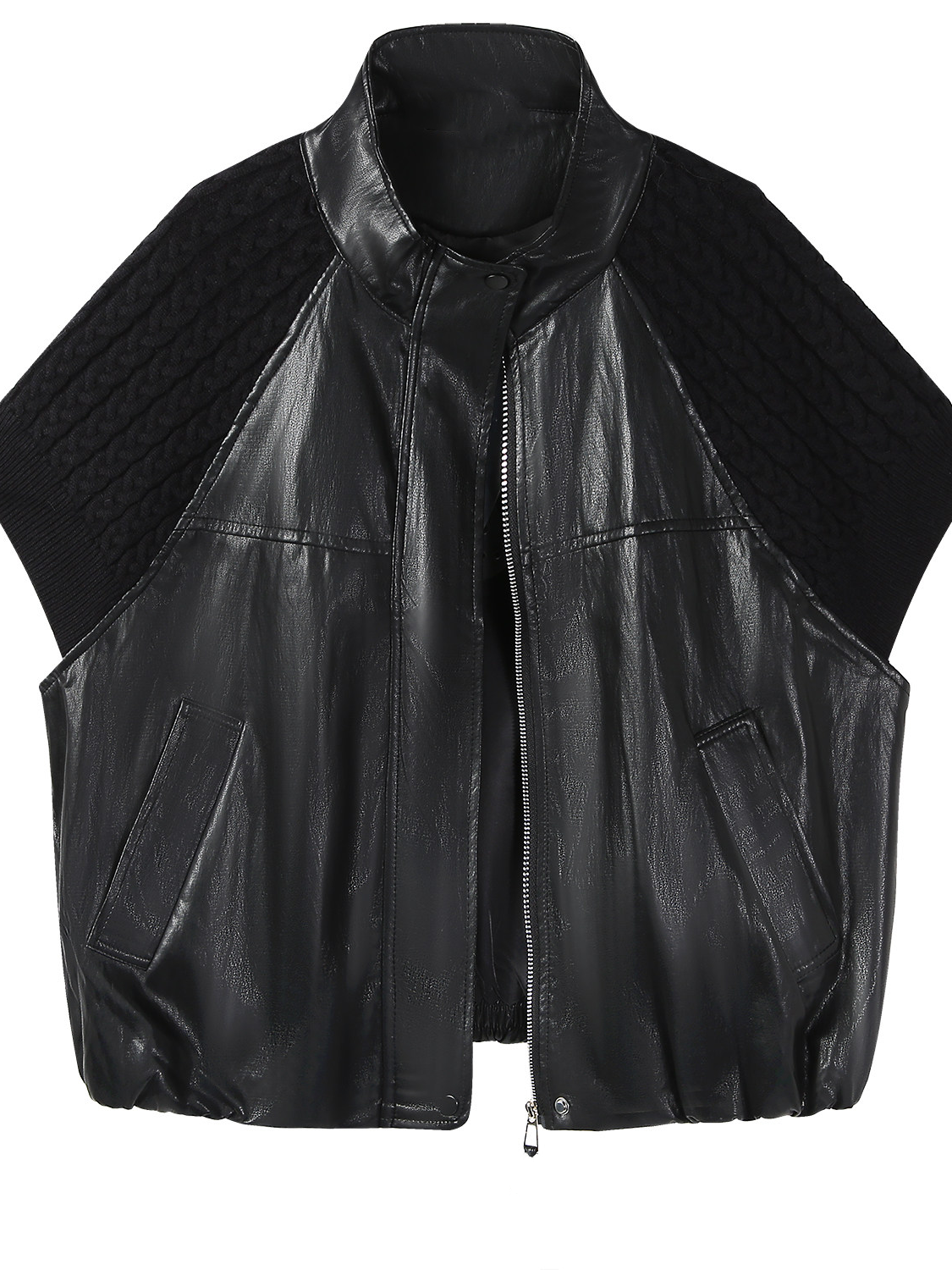 Casual T-shirt with leather and knit paneling