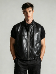Casual T-shirt with leather and knit paneling