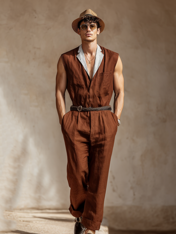 Men's Cotton-Linen Color-Block Casual Sleeveless Jumpsuit (Belt Not Included)